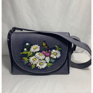Florida Keys Handbag Embroidered Daisy Butterfly Denim Crossbody Bag